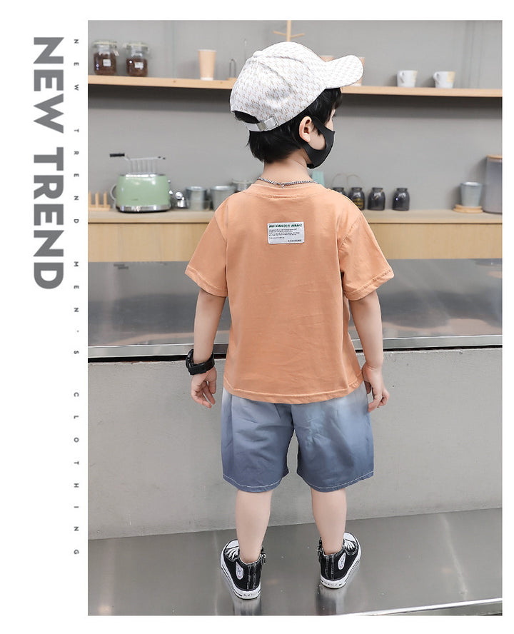 Boys Orange Round Neck Printed T-shirt with Shorts