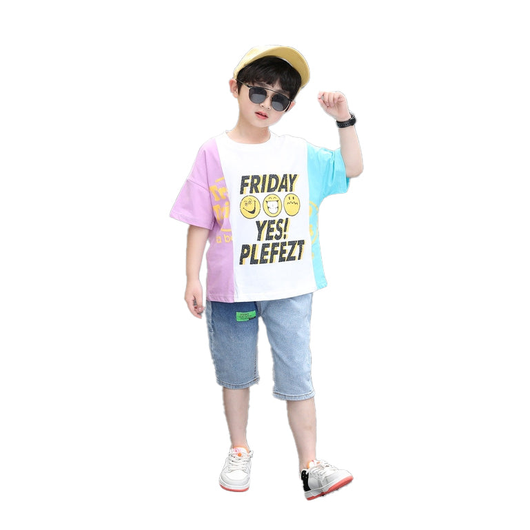 Boys Blue Round Neck Printed T-shirt with Shorts