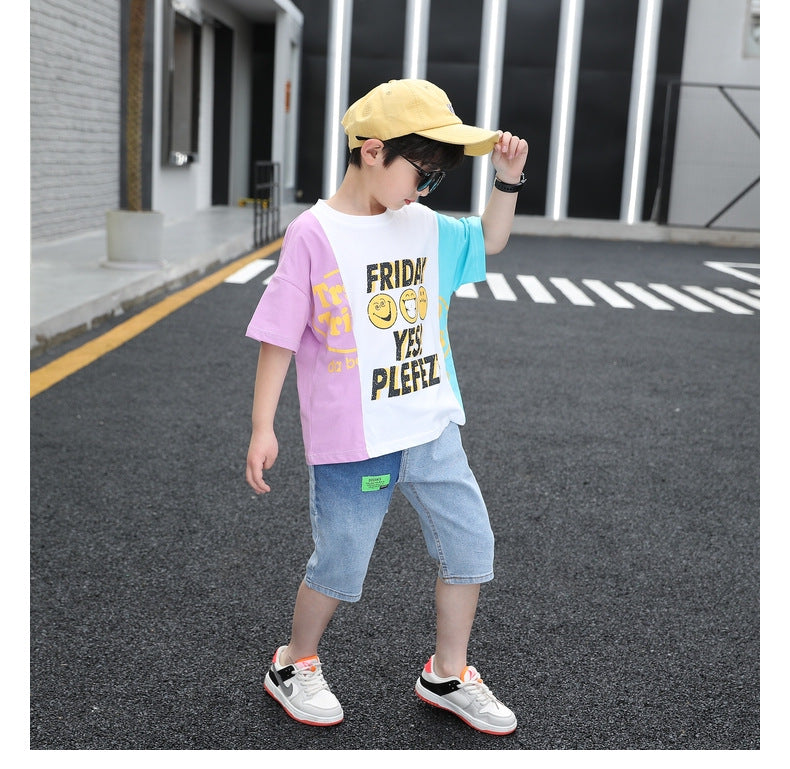 Boys Blue Round Neck Printed T-shirt with Shorts