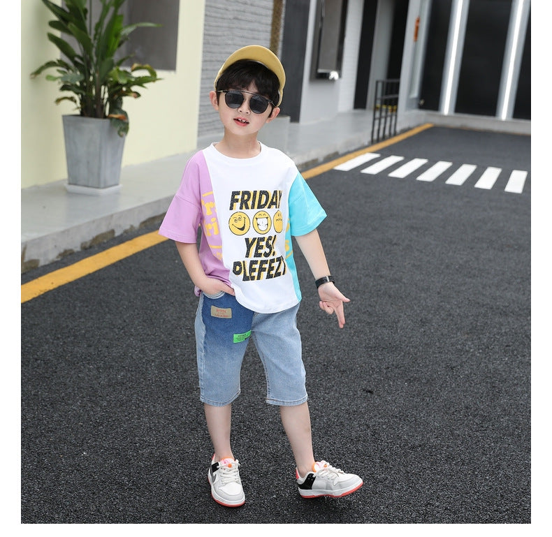 Boys Blue Round Neck Printed T-shirt with Shorts