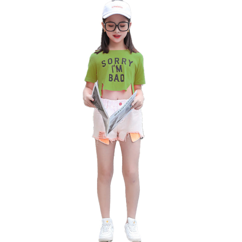 Girls Green Round Neck Typography Printed Top with Shorts