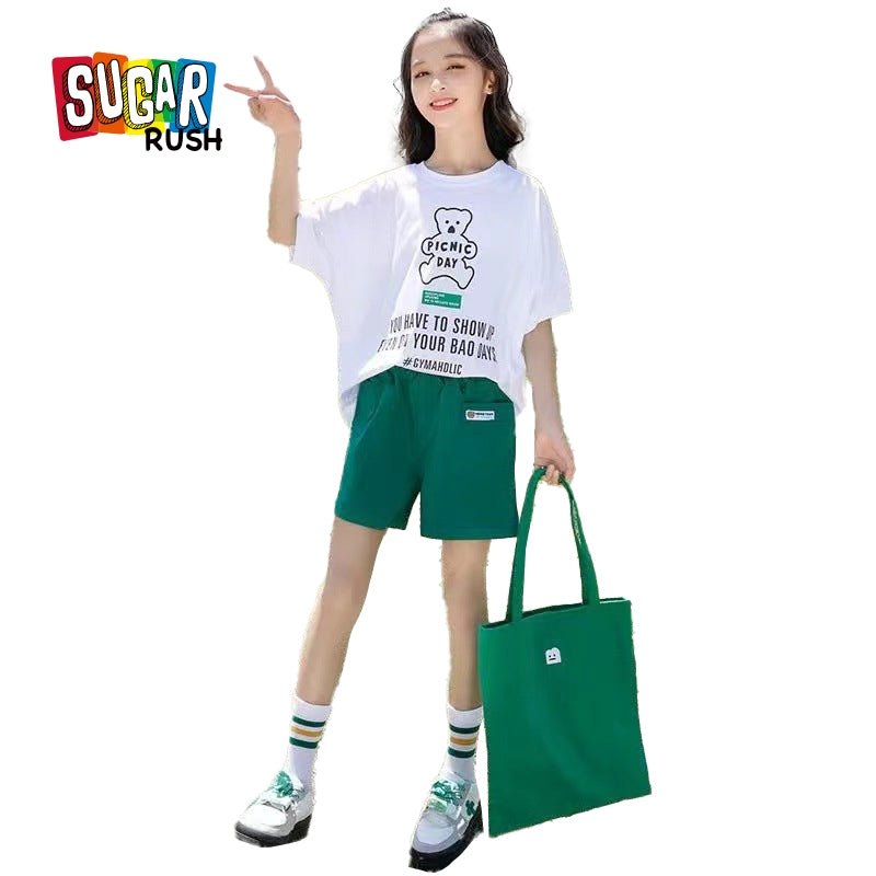 Girls Green & White Round Neck Printed T-shirt with Shorts