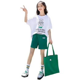 Girls Green & White Round Neck Printed T-shirt with Shorts