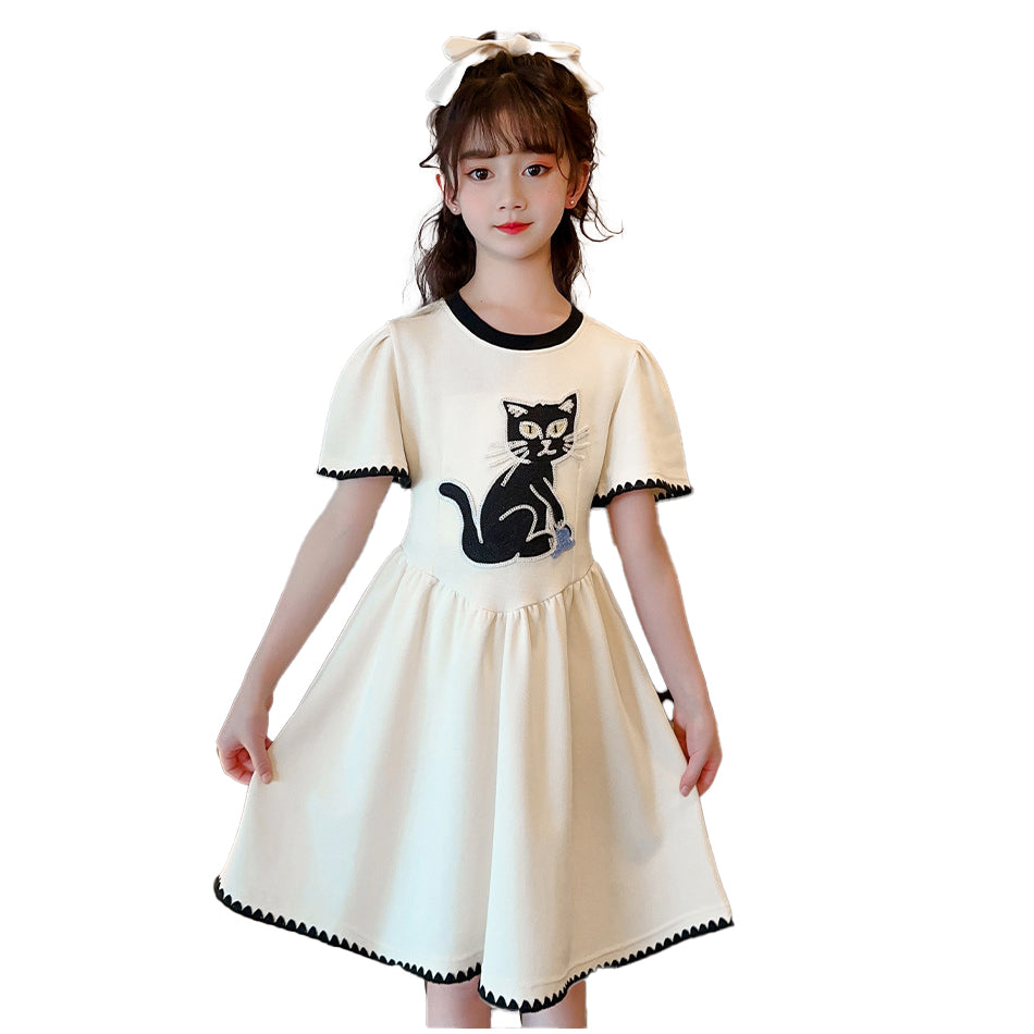 Beige Girls Graphic Printed Cotton Fit & Flare Dress