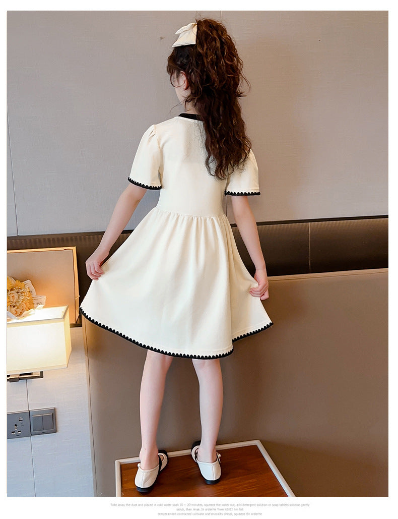 Beige Girls Graphic Printed Cotton Fit & Flare Dress