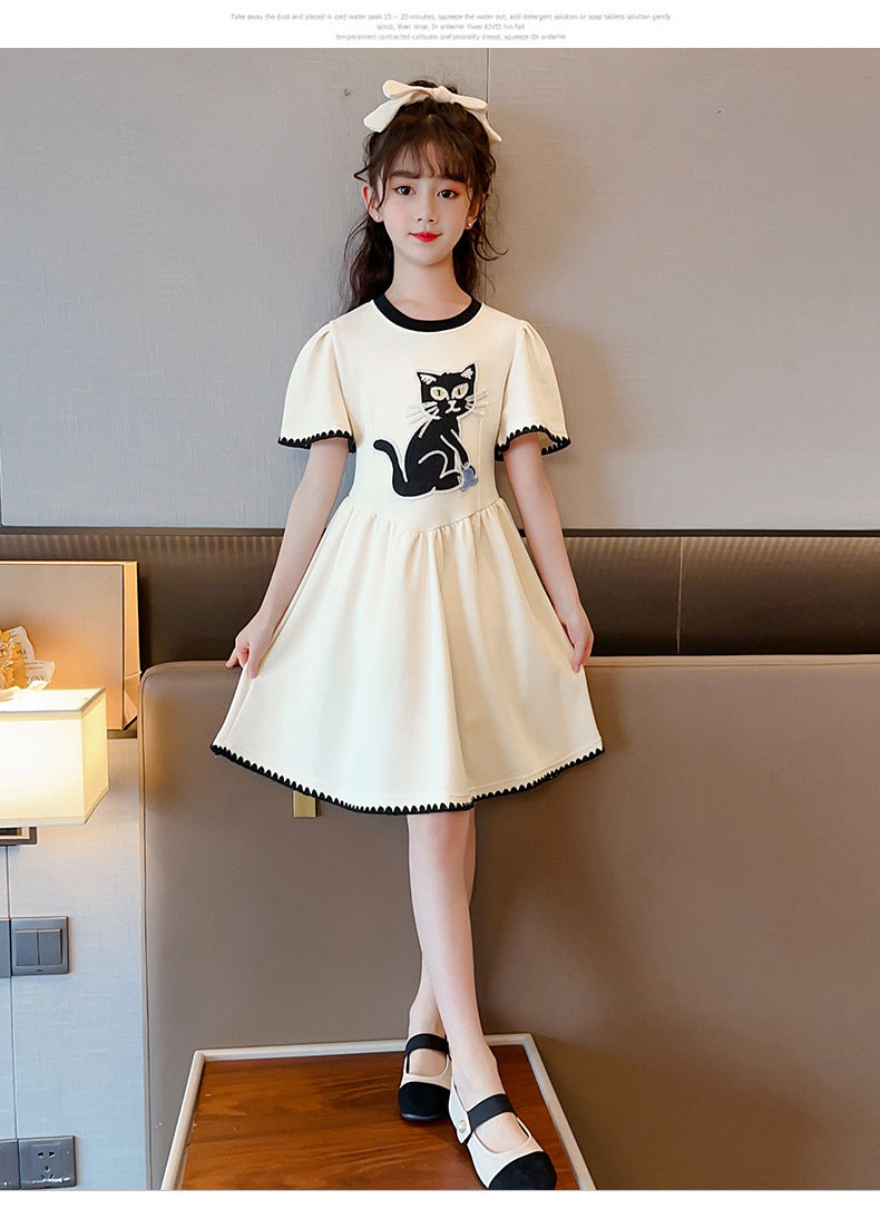 Beige Girls Graphic Printed Cotton Fit & Flare Dress