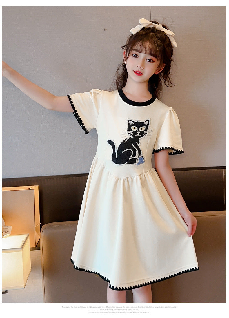 Beige Girls Graphic Printed Cotton Fit & Flare Dress