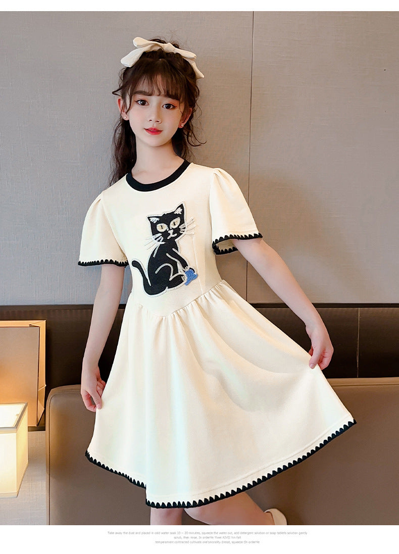 Beige Girls Graphic Printed Cotton Fit & Flare Dress