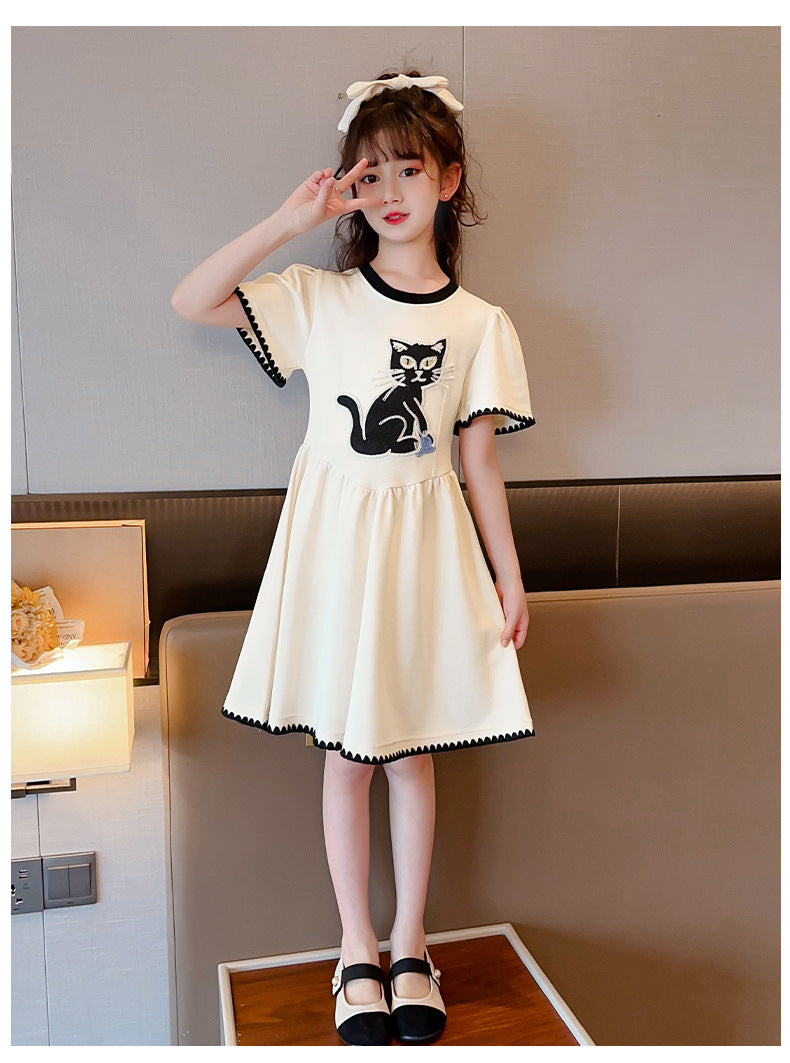 Beige Girls Graphic Printed Cotton Fit & Flare Dress