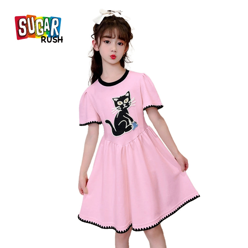 Girls Pink Graphic Printed Puff Sleeves Gathered Fit & Flare Dress