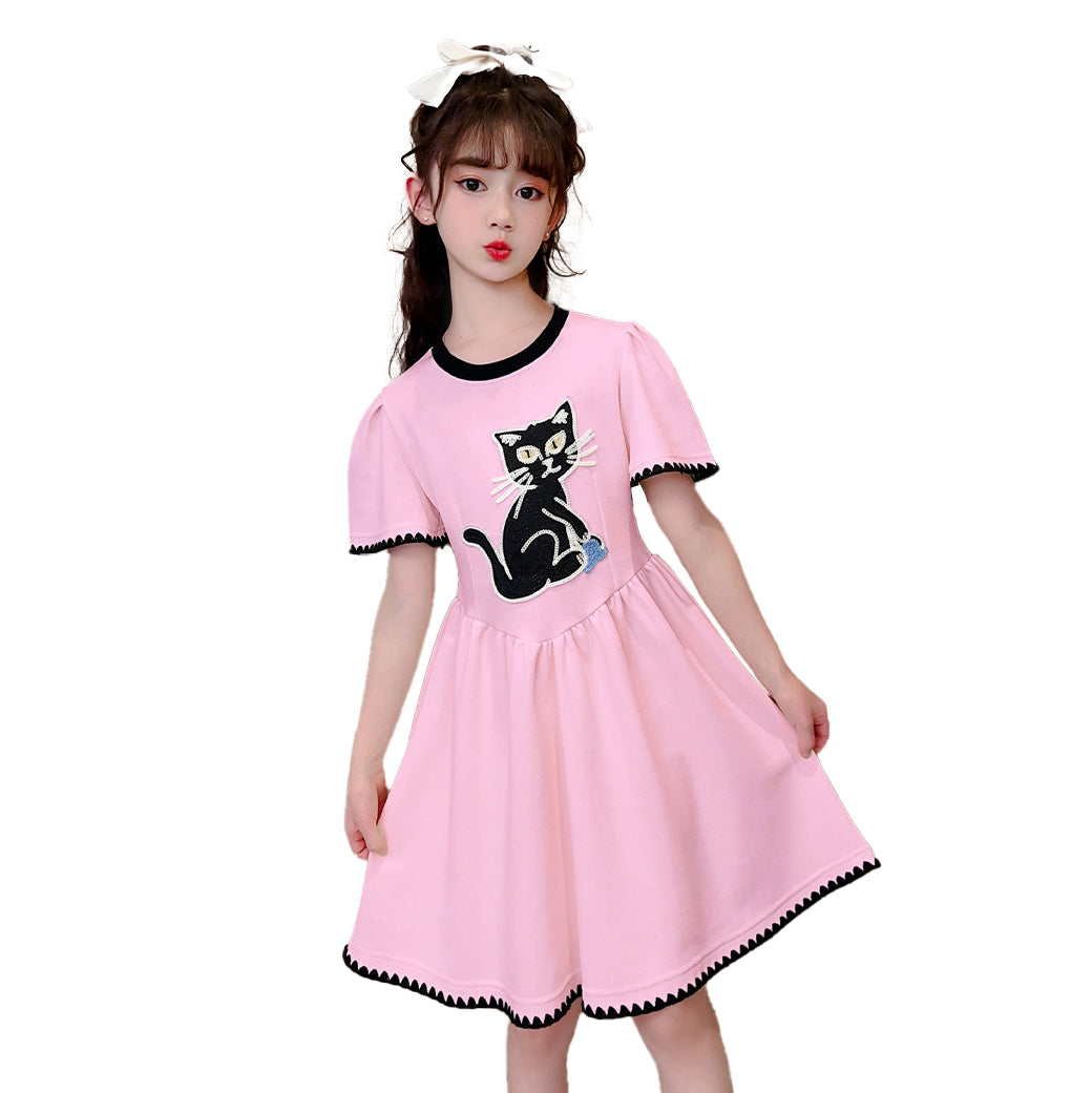 Girls Pink Graphic Printed Puff Sleeves Gathered Fit & Flare Dress