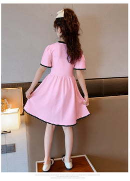 Girls Pink Graphic Printed Puff Sleeves Gathered Fit & Flare Dress