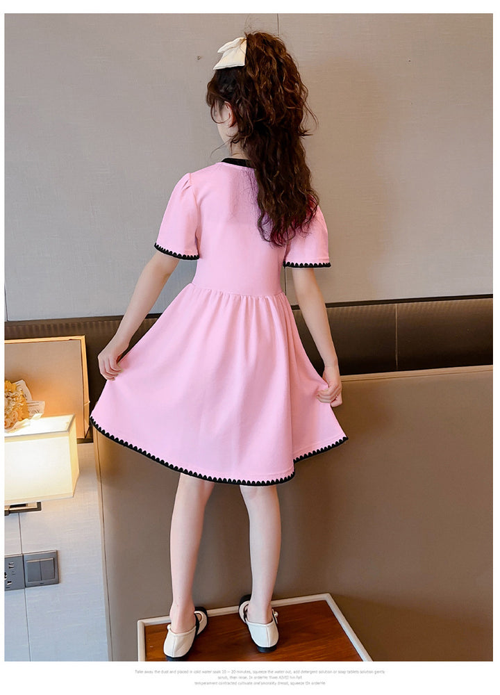 Girls Pink Graphic Printed Puff Sleeves Gathered Fit & Flare Dress