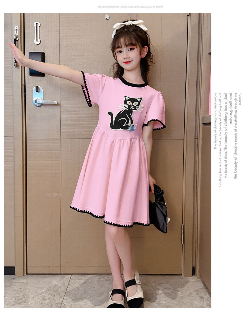 Girls Pink Graphic Printed Puff Sleeves Gathered Fit & Flare Dress