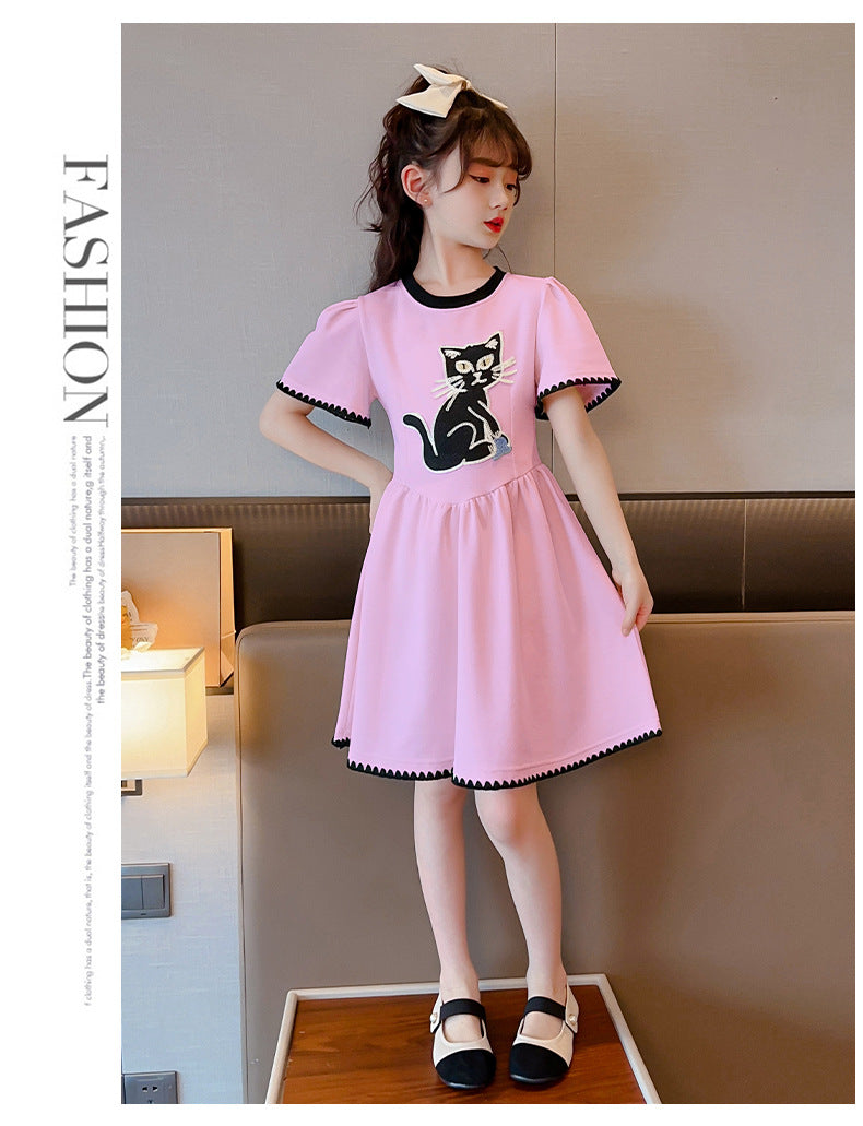 Girls Pink Graphic Printed Puff Sleeves Gathered Fit & Flare Dress