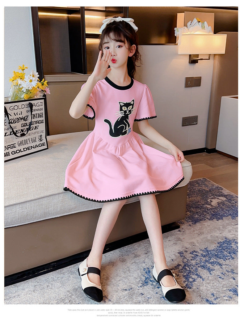 Girls Pink Graphic Printed Puff Sleeves Gathered Fit & Flare Dress