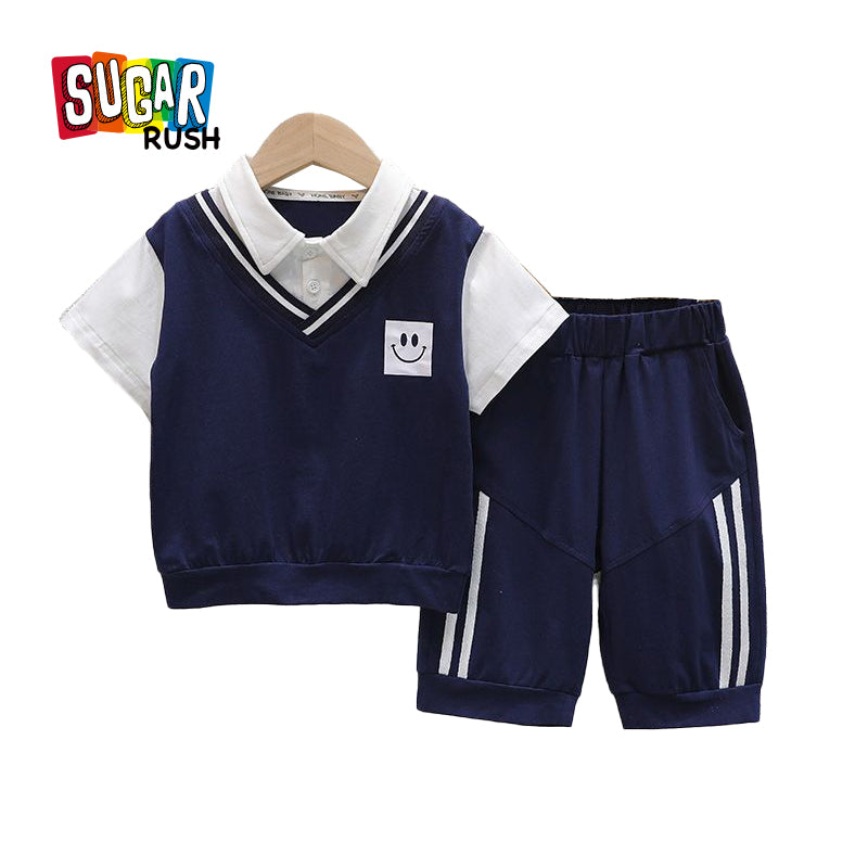Boys Shirt Collar Short Sleeves T-shirt With Shorts