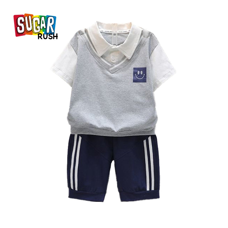 Boys White & Blue Colourblocked T-shirt with Shorts