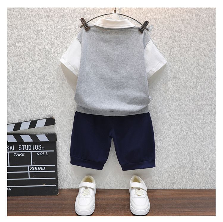 Boys White & Blue Colourblocked T-shirt with Shorts