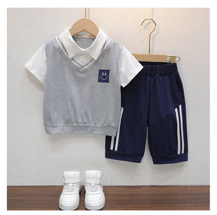 Boys White & Blue Colourblocked T-shirt with Shorts
