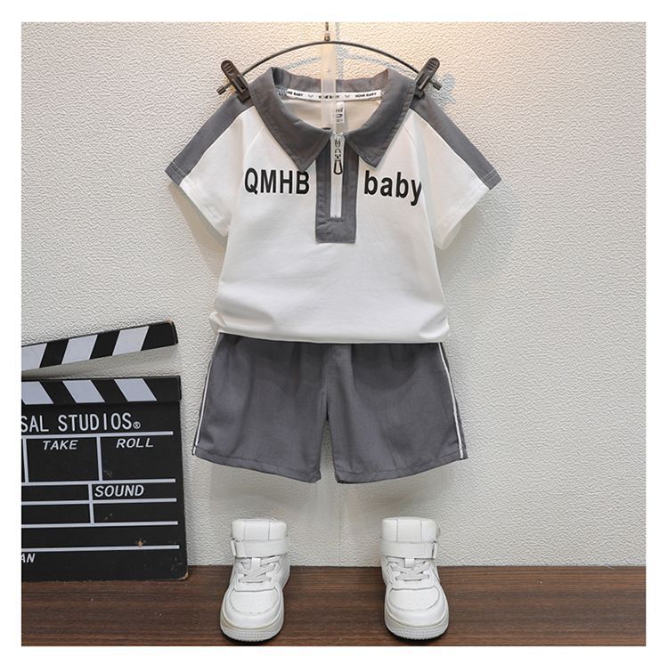 Boys Polo Collar Short Sleeves Colourblocked T-shirt with Shorts