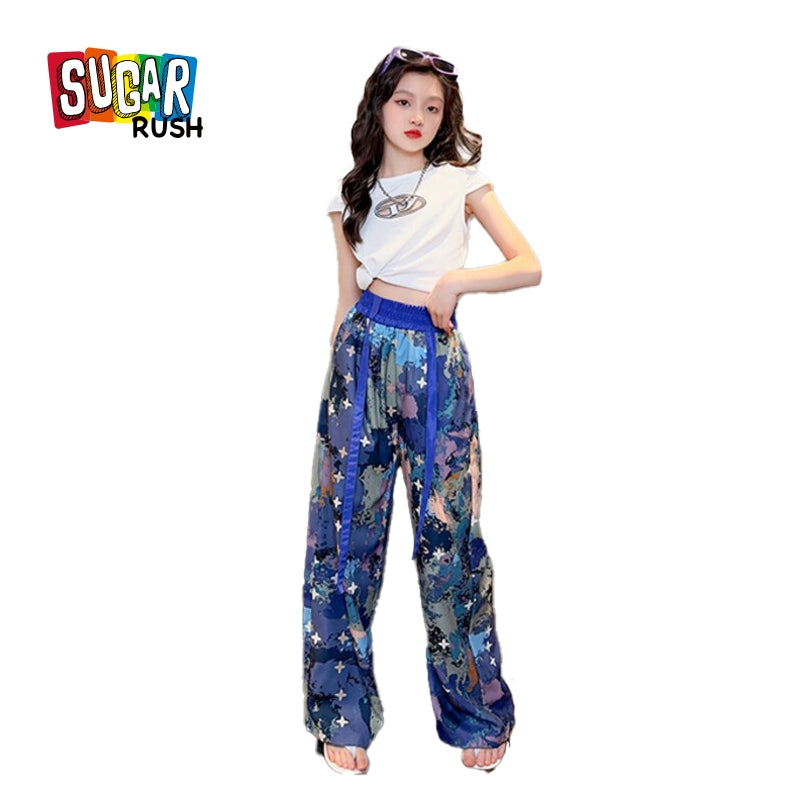 Girls Round Neck Short Sleeves Printed T-shirt with Pyjama
