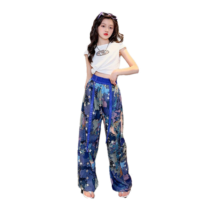 Girls Round Neck Short Sleeves Printed T-shirt with Pyjama