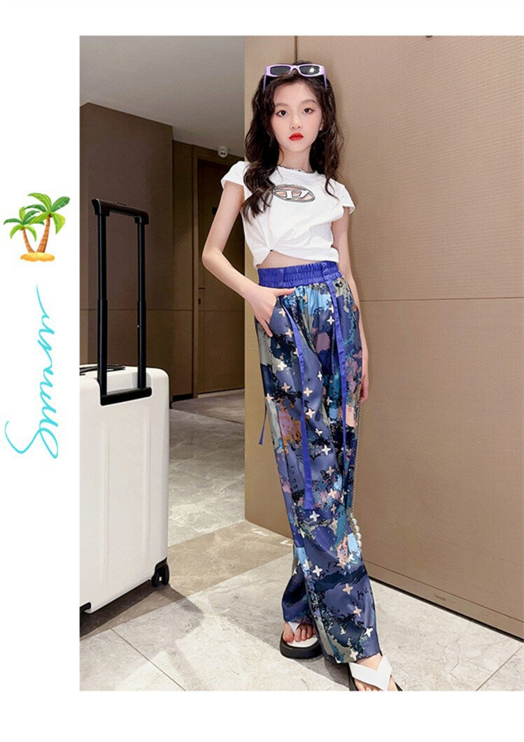Girls Round Neck Short Sleeves Printed T-shirt with Pyjama
