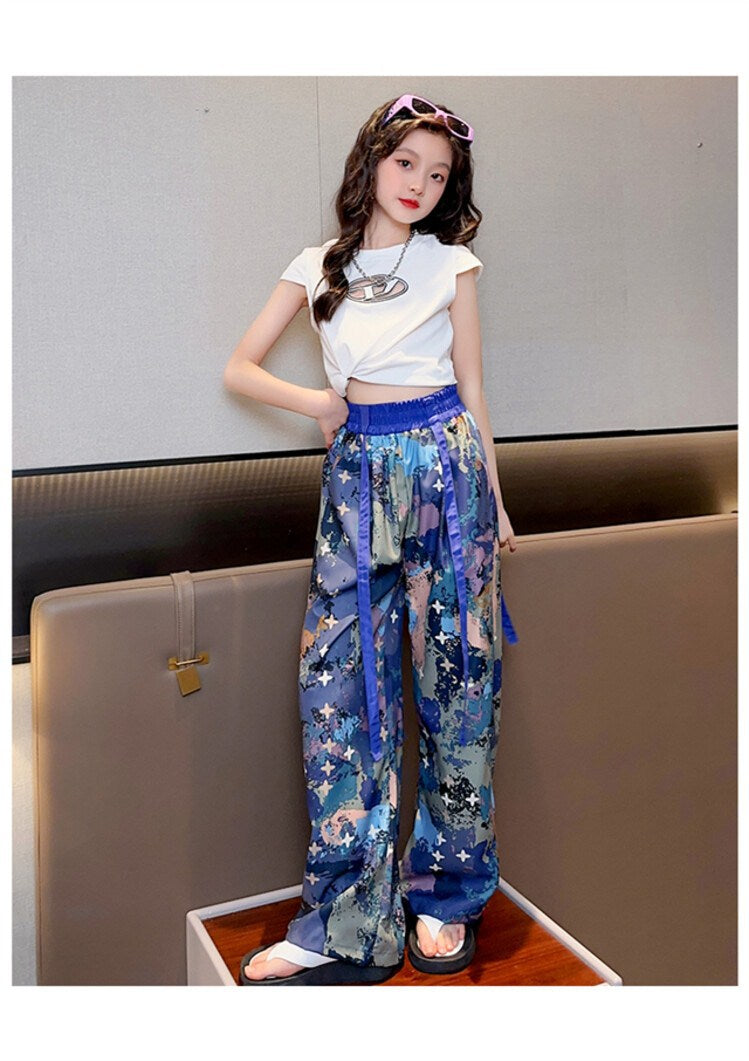 Girls Round Neck Short Sleeves Printed T-shirt with Pyjama