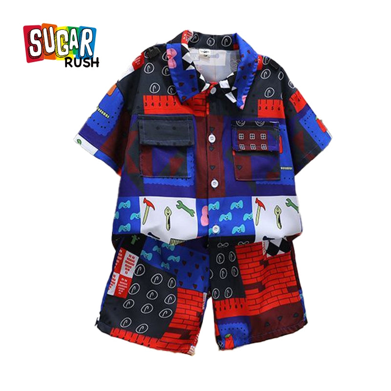 Boys Shirt Collar Short Sleeves Printed T-shirt with Shorts