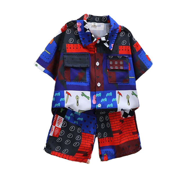 Boys Shirt Collar Short Sleeves Printed T-shirt with Shorts