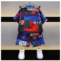 Boys Shirt Collar Short Sleeves Printed T-shirt with Shorts