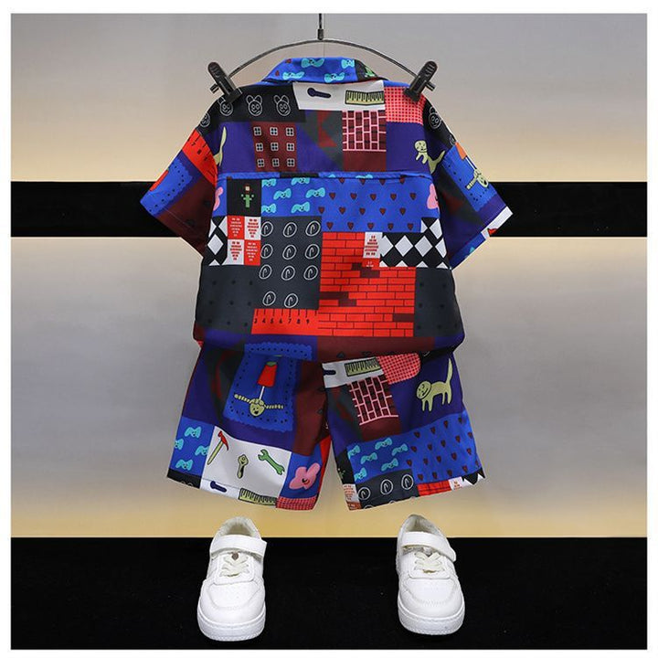 Boys Shirt Collar Short Sleeves Printed T-shirt with Shorts