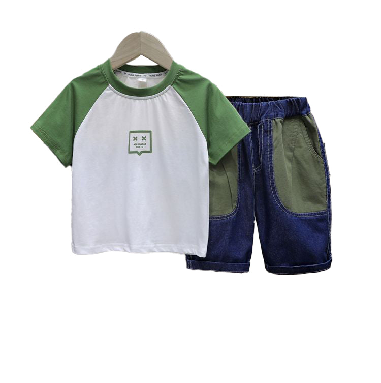 Boys Green & White Colourblocked T Shirt with Shorts