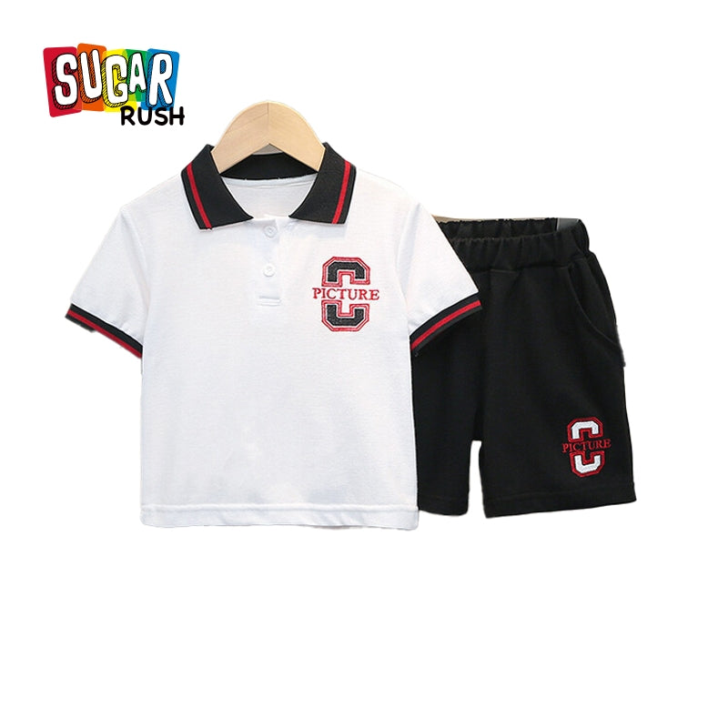 Boys White & Black Polo Collar T Shirt with Shorts