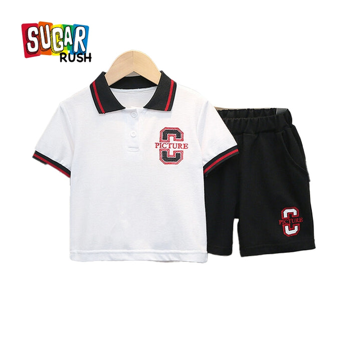 Boys White & Black Polo Collar T Shirt with Shorts