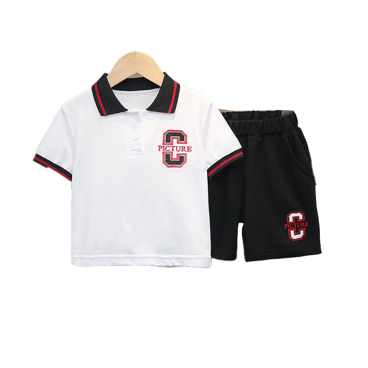 Boys White & Black Polo Collar T Shirt with Shorts