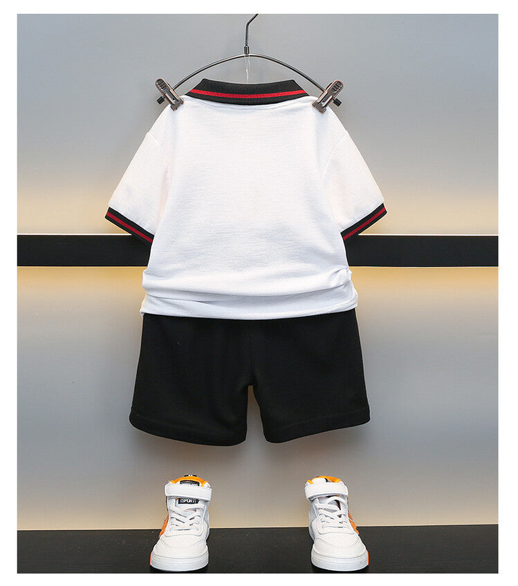 Boys White & Black Polo Collar T Shirt with Shorts