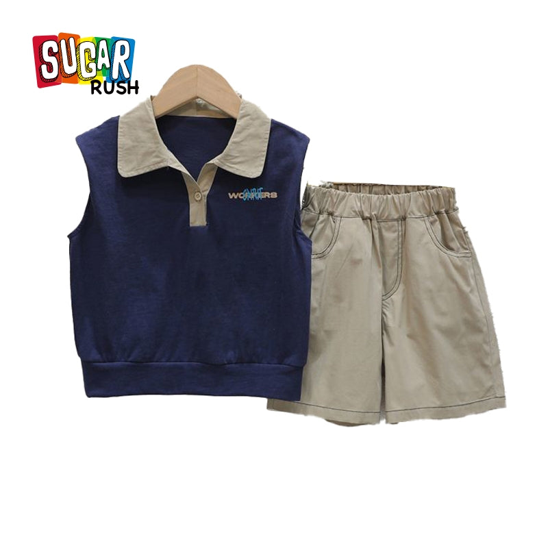 Boys Navy Blue & Beige Colourblocked T Shirt with Shorts