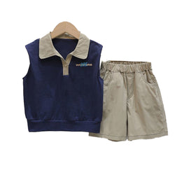 Boys Navy Blue & Beige Colourblocked T Shirt with Shorts