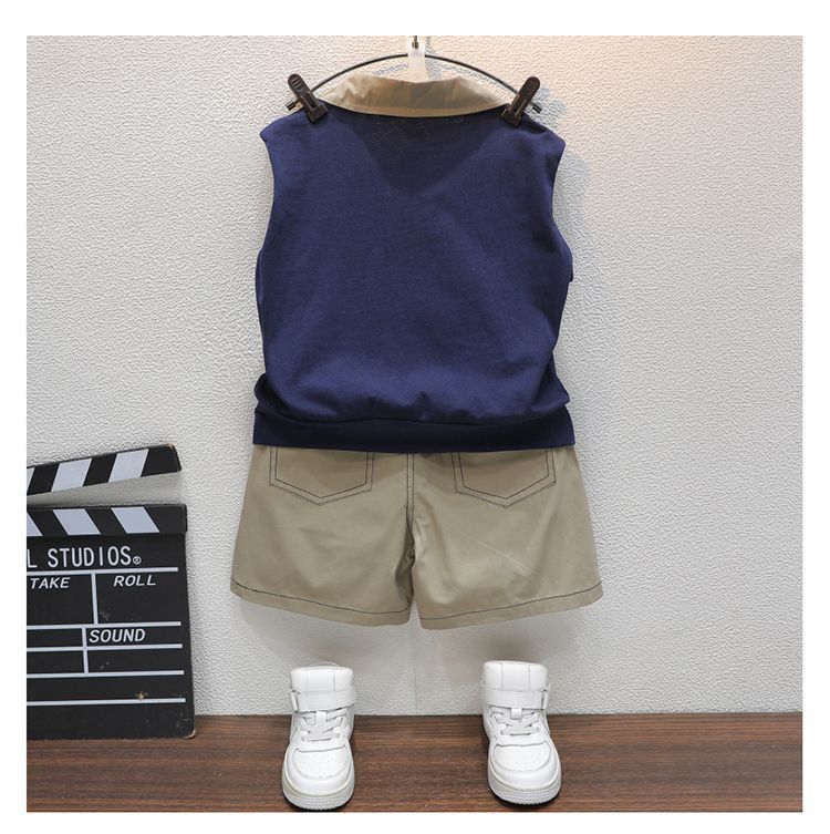Boys Navy Blue & Beige Colourblocked T Shirt with Shorts