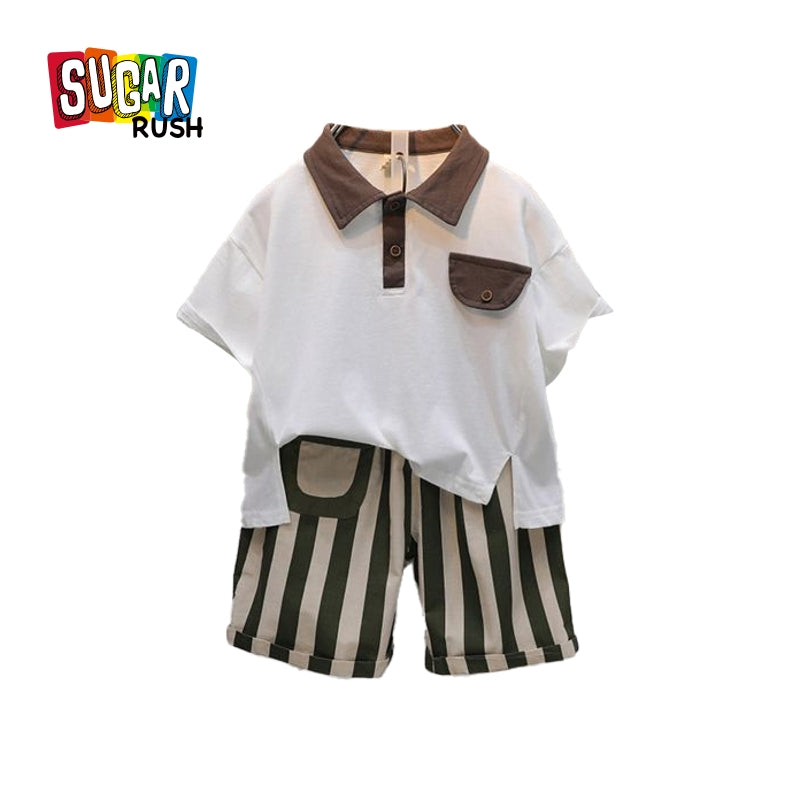 Boys Striped Polo Collar T-shirt With Shorts