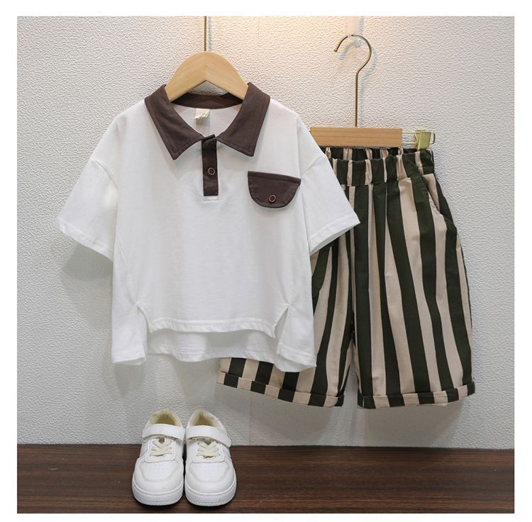 Boys Striped Polo Collar T-shirt With Shorts