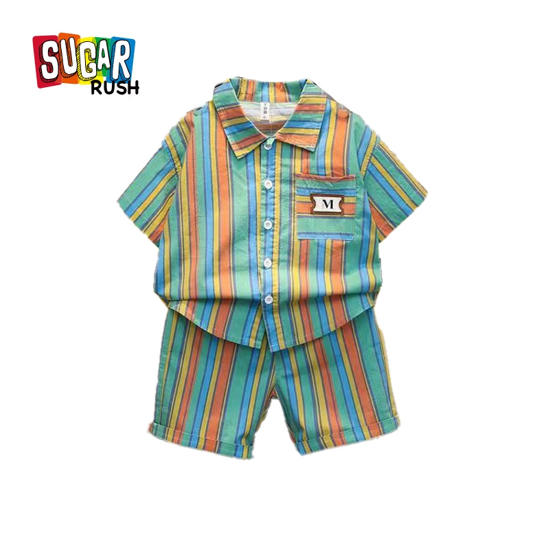 Boys Green & Blue Striped Shirt Collar Shirt with Shorts