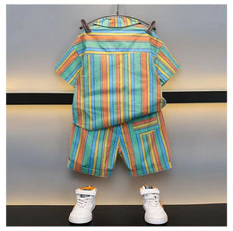 Boys Green & Blue Striped Shirt Collar Shirt with Shorts