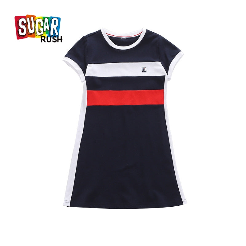 Blue Round Neck Striped Cotton A-Line Dress