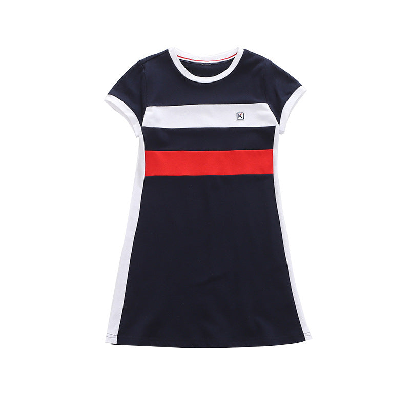 Blue Round Neck Striped Cotton A-Line Dress