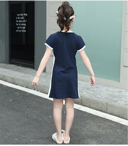 Blue Round Neck Striped Cotton A-Line Dress