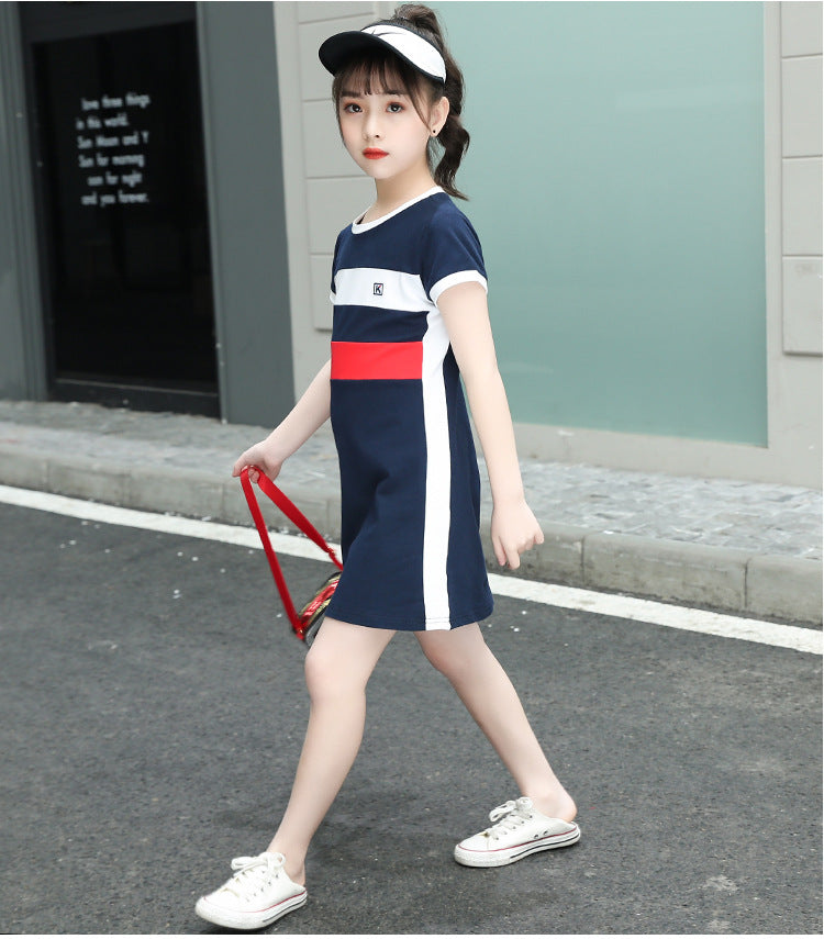 Blue Round Neck Striped Cotton A-Line Dress
