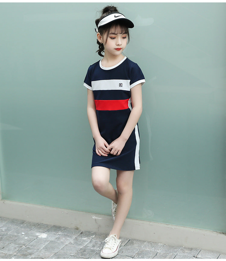 Blue Round Neck Striped Cotton A-Line Dress